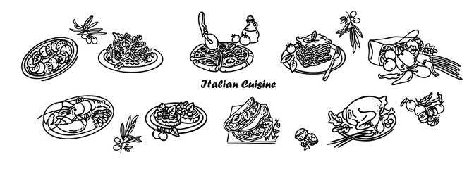 Italian cuisine line icon set. Italian Food. Can be used for topics like healthy diet, dinner, restaurant menu, cooking. Hand Made Design Vector. Outline style