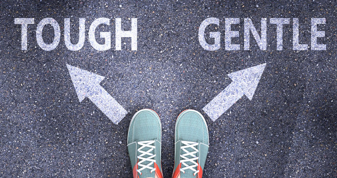 Tough And Gentle As Different Choices In Life - Pictured As Words Tough, Gentle On A Road To Symbolize Making Decision And Picking Either Tough Or Gentle As An Option, 3d Illustration