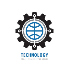 Global technology gear concept business logo template design. Globe world and cogwheel mechanic logo sign. Computer network SEO icon logo. Graphic design element. Vector illustration.