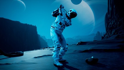 An astronaut explorer is playing Golf on a beautiful alien planet. 3D Rendering. © designprojects