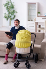 Young injured man looking after newborn in unrequited love