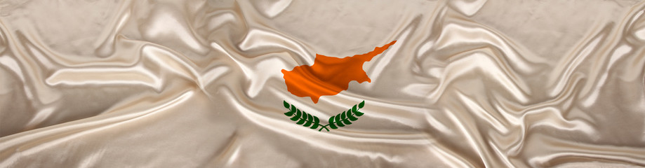 national flag of the state of Cyprus with a coat of arms on delicate silk with folds, the concept of tourism, freedom, choice, economy, politics, global world trade