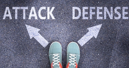 Attack and defense as different choices in life - pictured as words Attack, defense on a road to symbolize making decision and picking either Attack or defense as an option, 3d illustration
