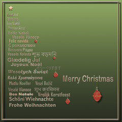 Words Merry Christmas in Different European, Eastern European, Hindi, Bengali, Indian, Japanese Languages forming Christmas Tree with red balls on green background. Copy space. 3D illustration