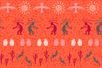 Mythical, design with trickster god, swirl icons on human palm, sun, eagle.