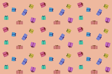 pop art poster multicolored scattered gifts with a bow on, seamless pattern, holiday concept, christmas, mother's, valentine's day