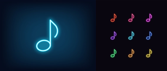 Neon music note icon. Glowing neon note sign, melody © Дмитрий Майер