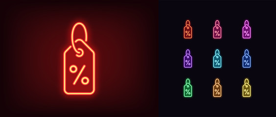Neon discount icon. Glowing neon discount tag with percent sign, product sale © Дмитрий Майер