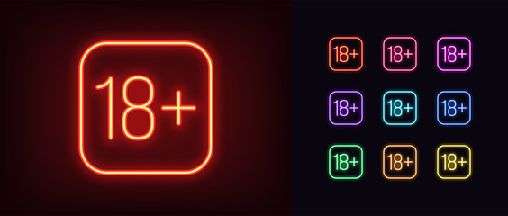 Neon 18 plus icon. Glowing neon 18 age sign, adult content