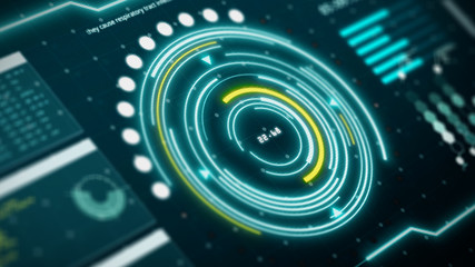 HUD digital transformation user interface computer screen display with pixels background. Blue and yellow abstract hologram holographic technology concept. Sci-fi. 3D illustration rendering