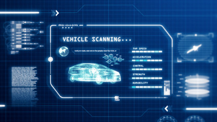 HUD driving car speed user interface computer screen display with pixels background. Blue abstract digital transformation hologram holographic technology concept. Sci-fi. 3D illustration rendering