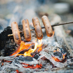 Sausage on the fire, summer picnic, camping food