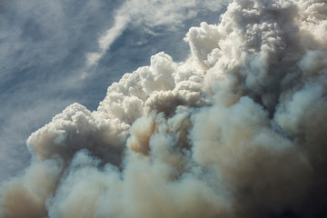 Blue and white sky puffy cumulonimbus clouds and smoke from a large wildfire