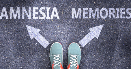 Amnesia and memories as different choices in life - pictured as words Amnesia, memories on a road to symbolize making decision and picking either Amnesia or memories as an option, 3d illustration