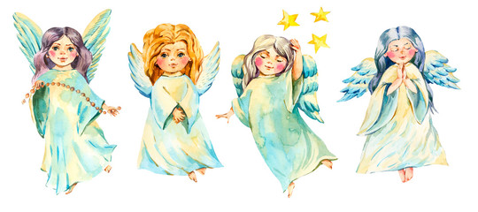 Set of watercolor angel with wings isolated on white background. Christmas angel illustration