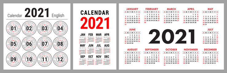 Calendar 2021 year set. Vector pocket or wall calender template collection. Week starts on Sunday. January, February, March, April, May, June, July, August, September, October, November, December