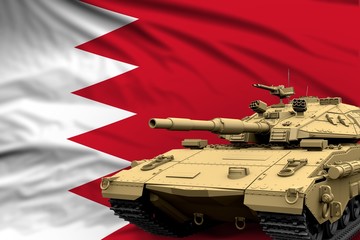 Heavy tank with fictional design on Bahrain flag background - modern tank army forces concept, military 3D Illustration