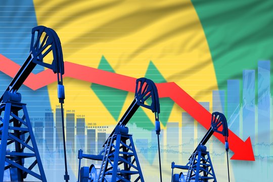 lowering, falling graph on Saint Vincent and the Grenadines flag background - industrial illustration of Saint Vincent and the Grenadines oil industry or market concept. 3D Illustration