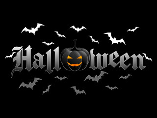 Halloween black vector background with pumpkin and bats