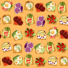 Various Toast toppings. Seamless background pattern.