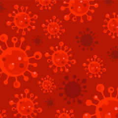 red background with virus particles. risk of virus transmission.