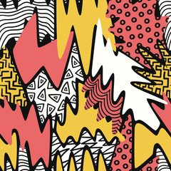 vector doodle yellow red white freeform and geometric overlapped seamless pattern on black