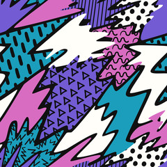 vector doodle violet pink green white freeform and geometric overlapped seamless pattern on black