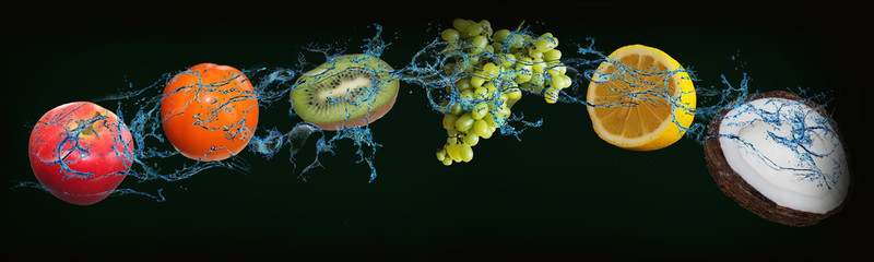 Panorama with fruits in water - juicy apple, kiwi, lemon, grapes, coconut and persimmon are good for health and a first-class dessert