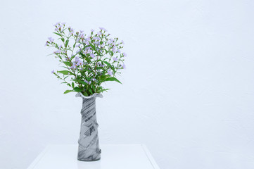Field purple flowers in gray vase in the interior of the room against background of a white wall.