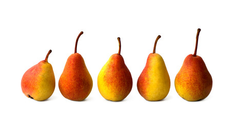 Five ripe juicy whole pear fruits isolated on a white background