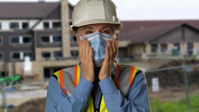 Woman Engineer Architect On Construction Site Putting On Protection Medical Face Mask Wearing Hard Hat And Green Reflective Safety Vest.