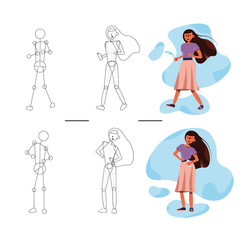 Vector people image. Characters illustration. Building the image of a girl. Dynamic and static skeleton