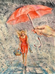 Watercolor woman walk under umbrella during heavy rain. Rainy weather, puddles. Design element.
