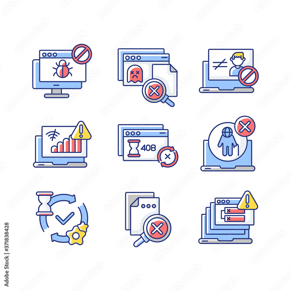 Poster internet connection rgb color icons set. various web pages errors and notifications. different netwo