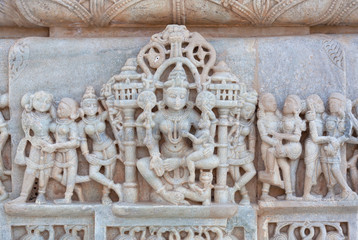 Bas-relief at famous ancient Ranakpur Jain temple in Rajasthan, India