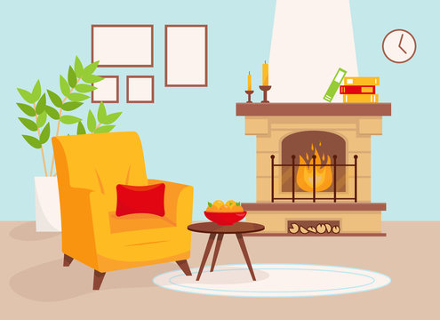 Living room with fireplace and yellow armchair.