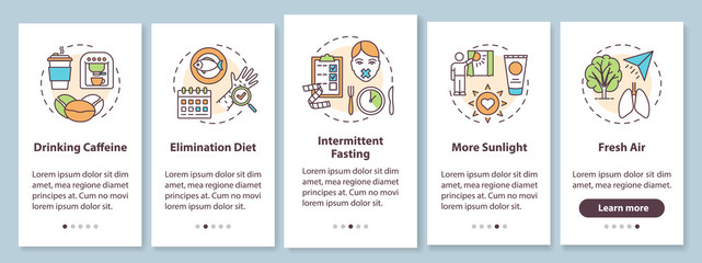 Obraz premium Biohacking tips onboarding mobile app page screen with concepts. Health advancement guide walkthrough five steps graphic instructions. UI vector template with RGB color illustrations