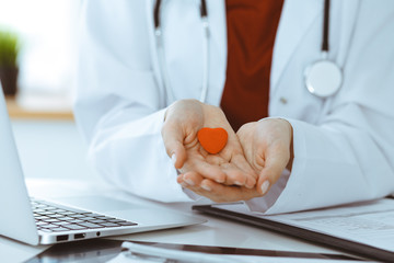 Unknown woman-doctor holding little heart in her hands. Children's cardiology and medical care,...