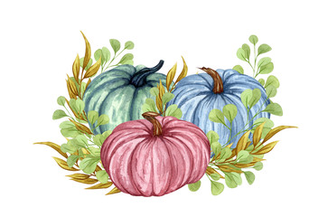 Watercolor illustration, floral pumpkins, Halloween clip art, autumn design elements, fall, holiday clip art isolated on white background