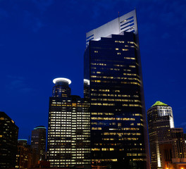 Indigo sky nightscape of downtown Minneapolis highrise tower lights at dusk