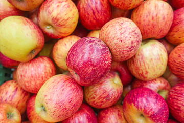 New harvest of red juicy ripe red apples piled in a heap