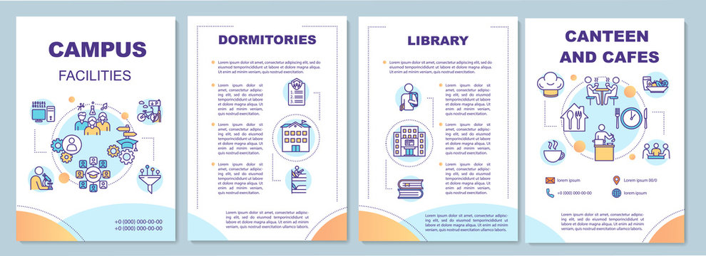 Campus facilities brochure template. University infrastructure. Flyer, booklet, leaflet print, cover design with linear icons. Vector layouts for magazines, annual reports, advertising posters