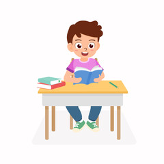 Kindergarten student write and read a book while learning in the classroom. Concept vector illustration for education and back to school of children isolated on white background.