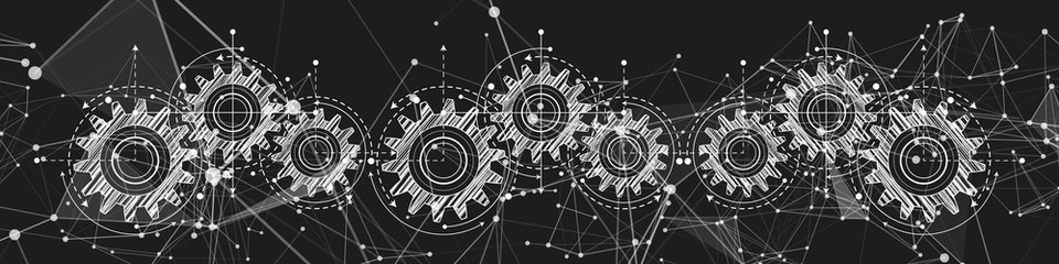 Technical drawing of gears on a black background.Engineering Technology Project. Industrial mechanics Vector illustration.	