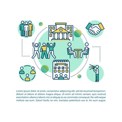 Student activities concept icon with text. Schedule for freshman studying. University lifestyle PPT page vector template. Brochure, magazine, booklet design element with linear illustrations