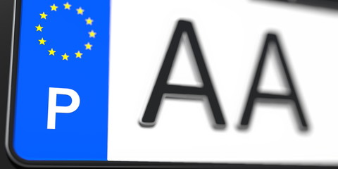 Close-up details of a vehicle registration plate of Portugal, part of the set. 3D rendering