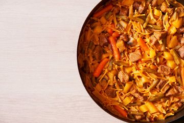 Delicious casserole noodles with pieces of beef and vegetables