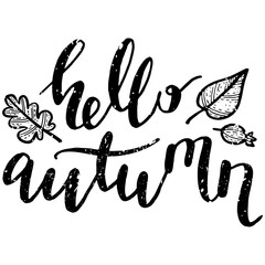hello autumn calligraphy text with fall leaves. black and white autumn ink drawing with leaves clipart. seasonal line art illustration. vintage september illustration with grunge rustic texture.