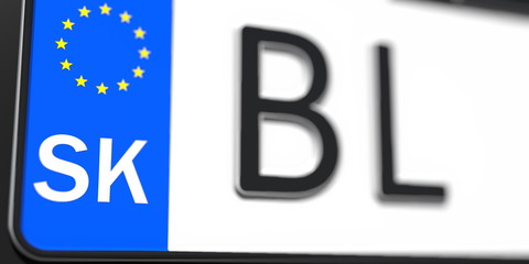 Close-up details of a vehicle registration plate of Slovakia, part of the set. 3D rendering