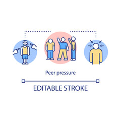 Peer pressure concept icon. Racial harassment in group. University community bullying. College life idea thin line illustration. Vector isolated outline RGB color drawing. Editable stroke